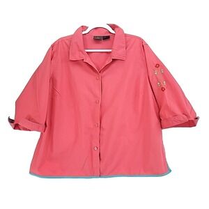Coral Button Up Blouse Shirt Top ¾ Sleeves Floral Embroidered Accent on 1 Sleeve